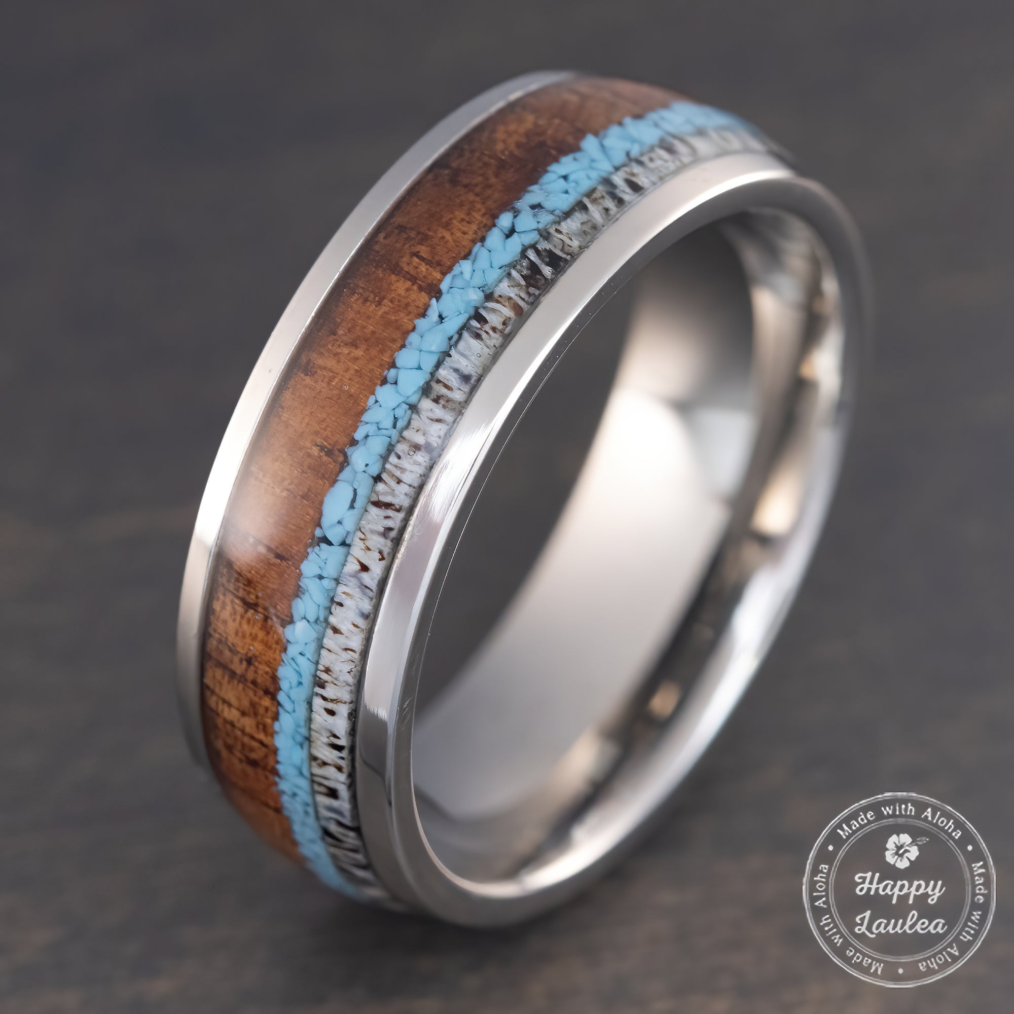 Titanium GR5 Ring [8mm width] Antler, Turquoise, & Hawaiian Koa Wood