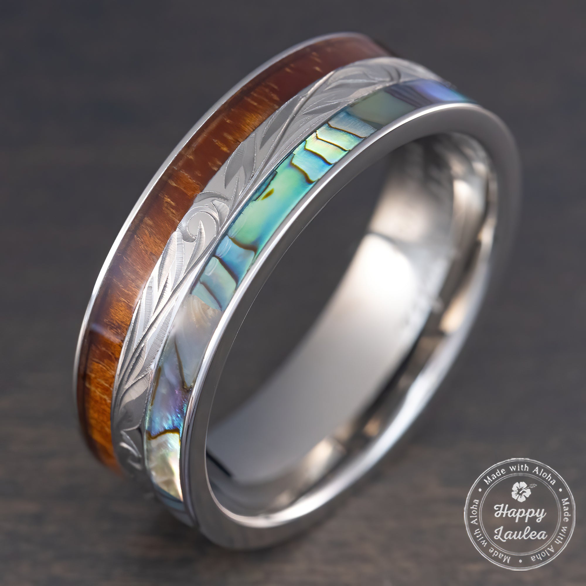 Titanium Hand Engraved Ring [8mm width] Abalone Shell & Hawaiian Koa Wood Inlay