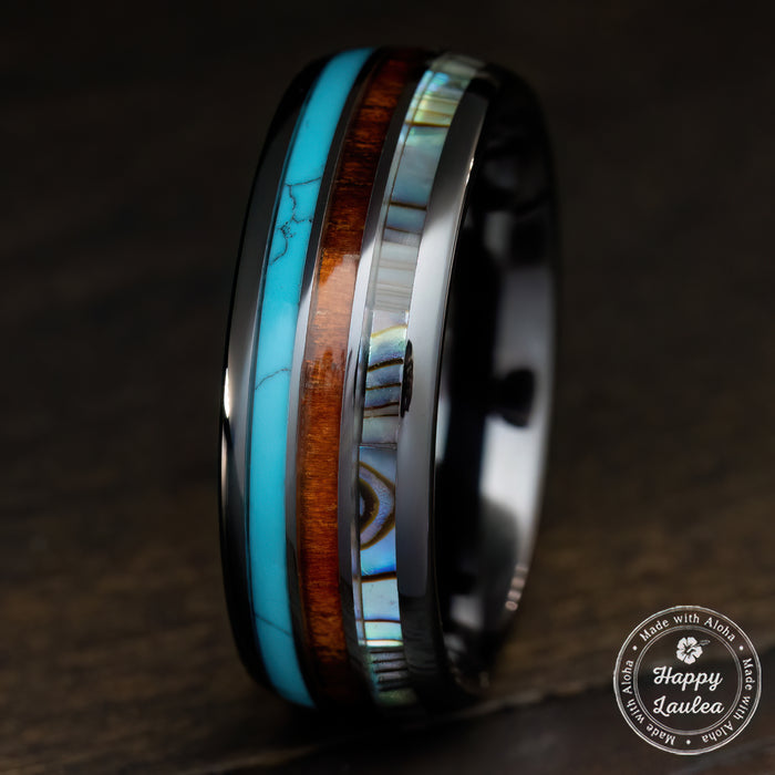 HI-TECH Black Ceramic Ring [8mm width] Turquoise, Hawaiian Koa Wood, & Abalone Shell