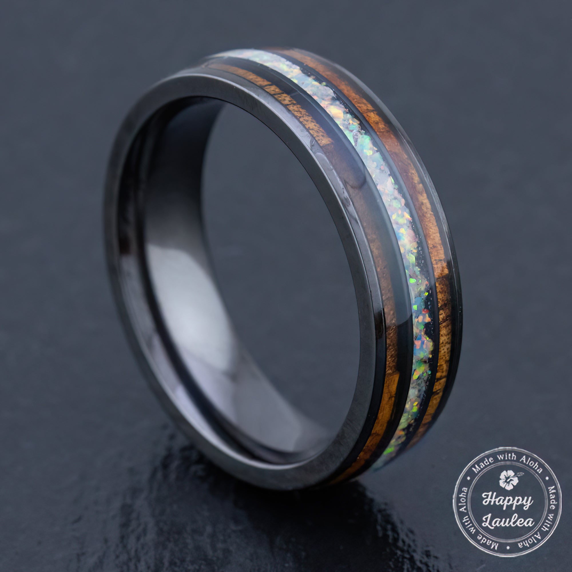 Zirconium Ring [6mm width] White Opal & Hawaiian Koa