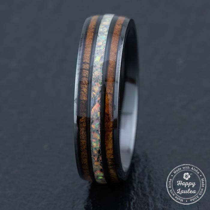 Zirconium Ring [6mm width] White Opal & Hawaiian Koa