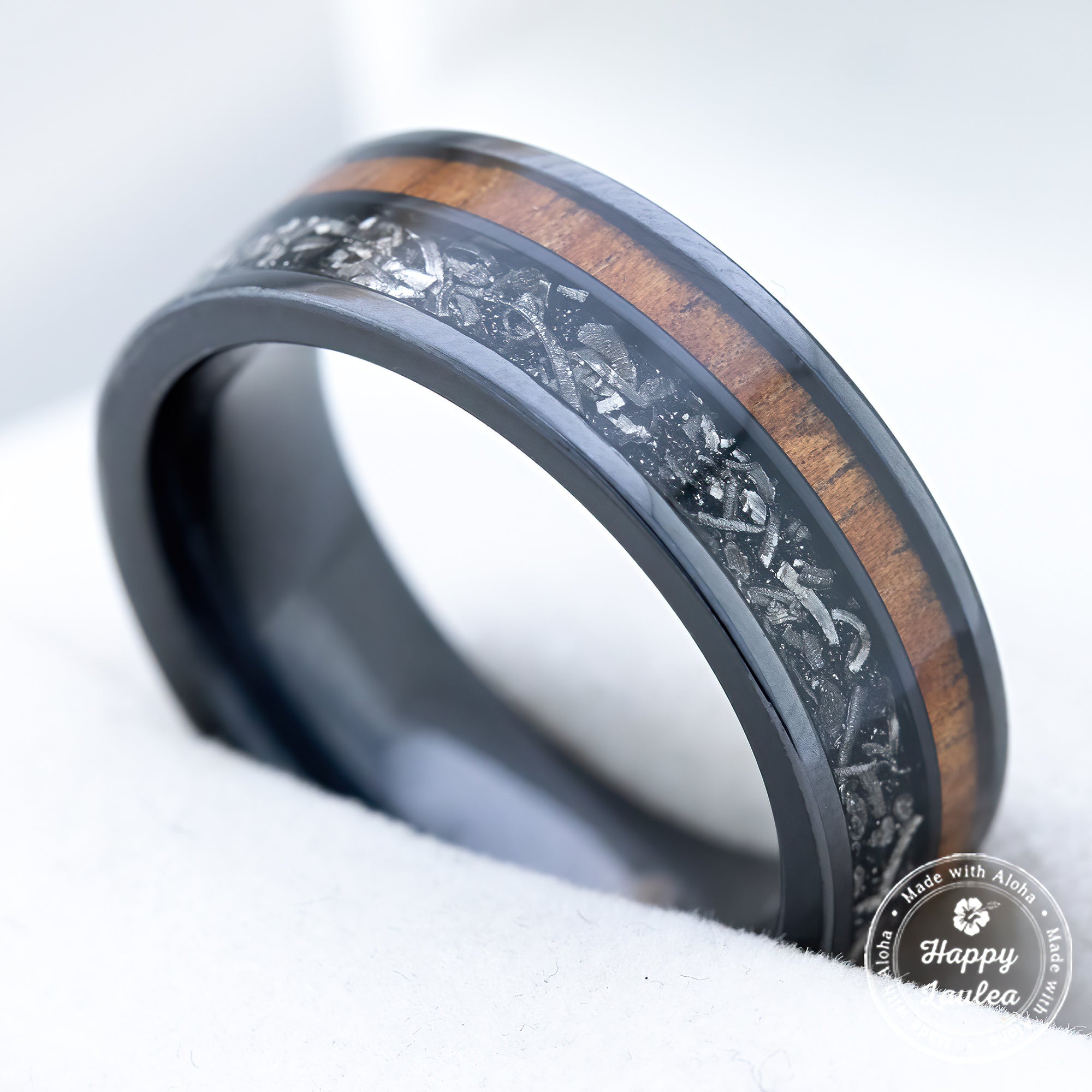 Black Titanium Ring 'Noho ʻana - Way of Life' [7mm width] Gibeon Meteorite & Hawaiian Koa Wood