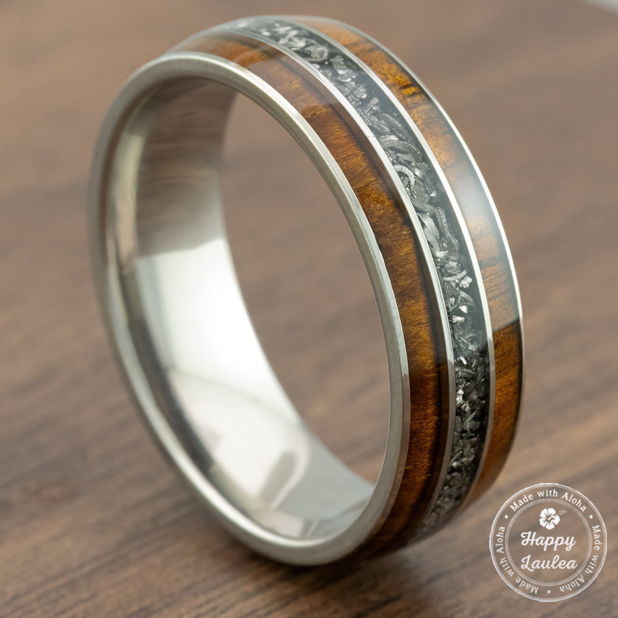 Titanium GR5 Ring [8mm width] Hawaiian Koa Wood & Meteorite