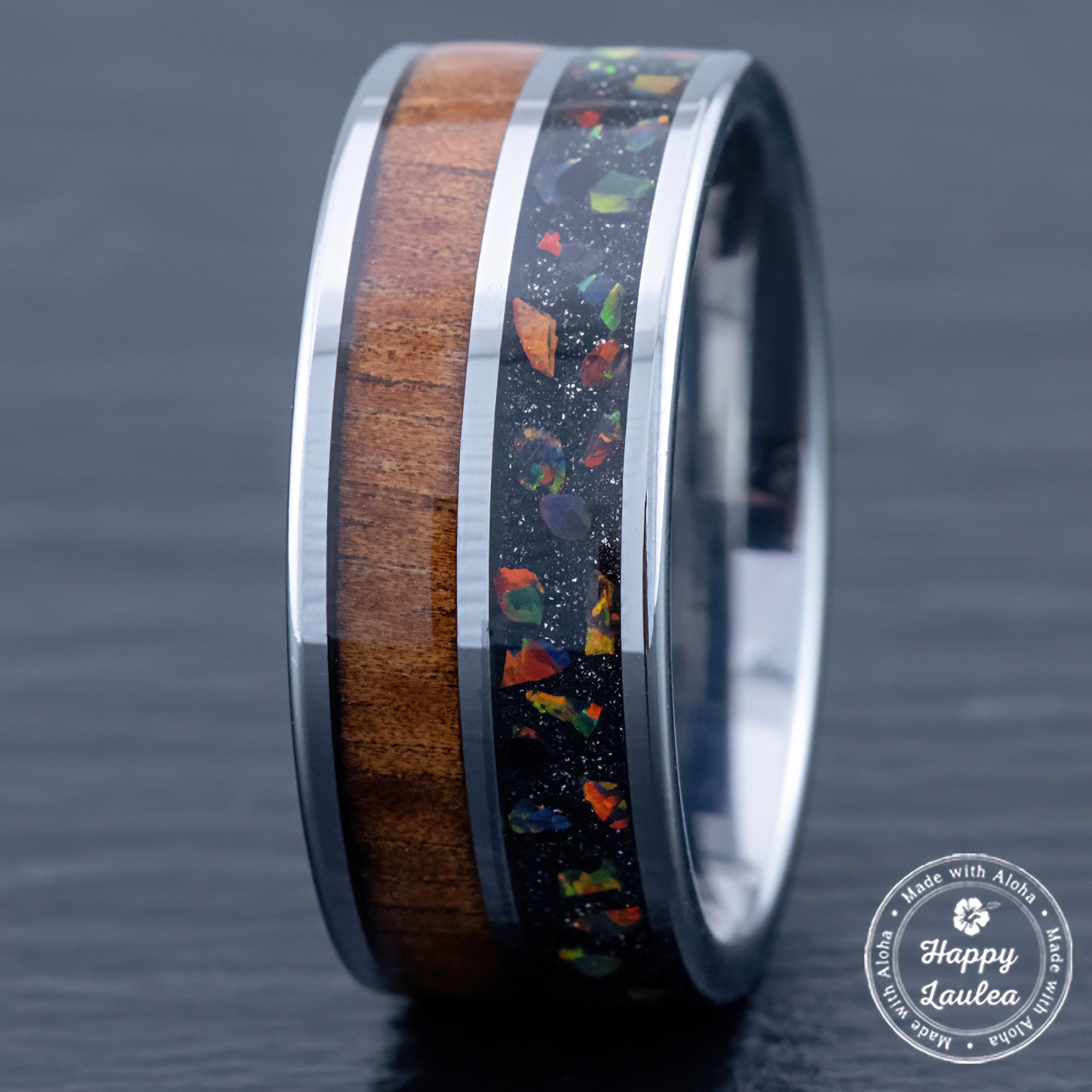 Tungsten Carbide Ring 'Pahoehoe' [10mm width] Fire Opal & Hawaiian Koa Wood