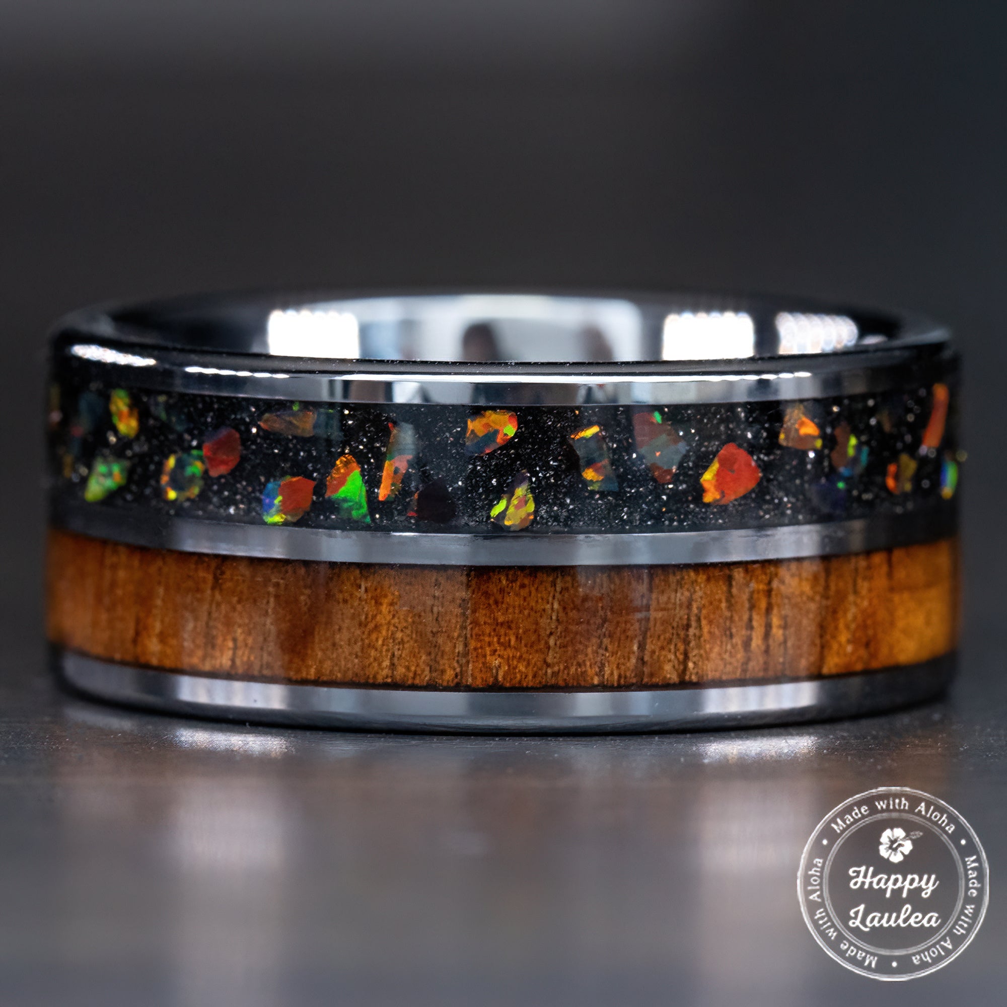 Tungsten Carbide Ring 'Pahoehoe' [10mm width] Fire Opal & Hawaiian Koa Wood