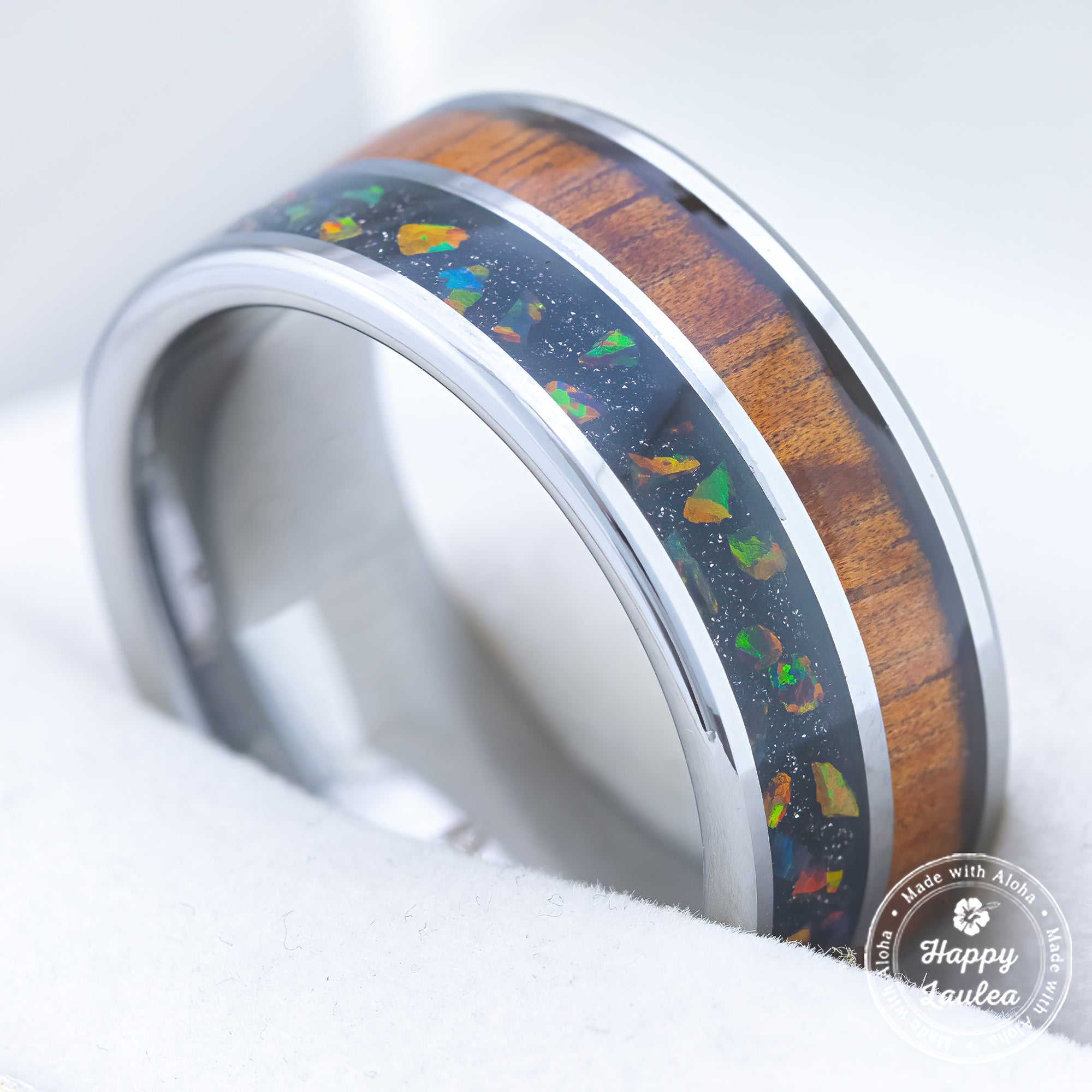 Tungsten Carbide Ring 'Pahoehoe' [10mm width] Fire Opal & Hawaiian Koa Wood