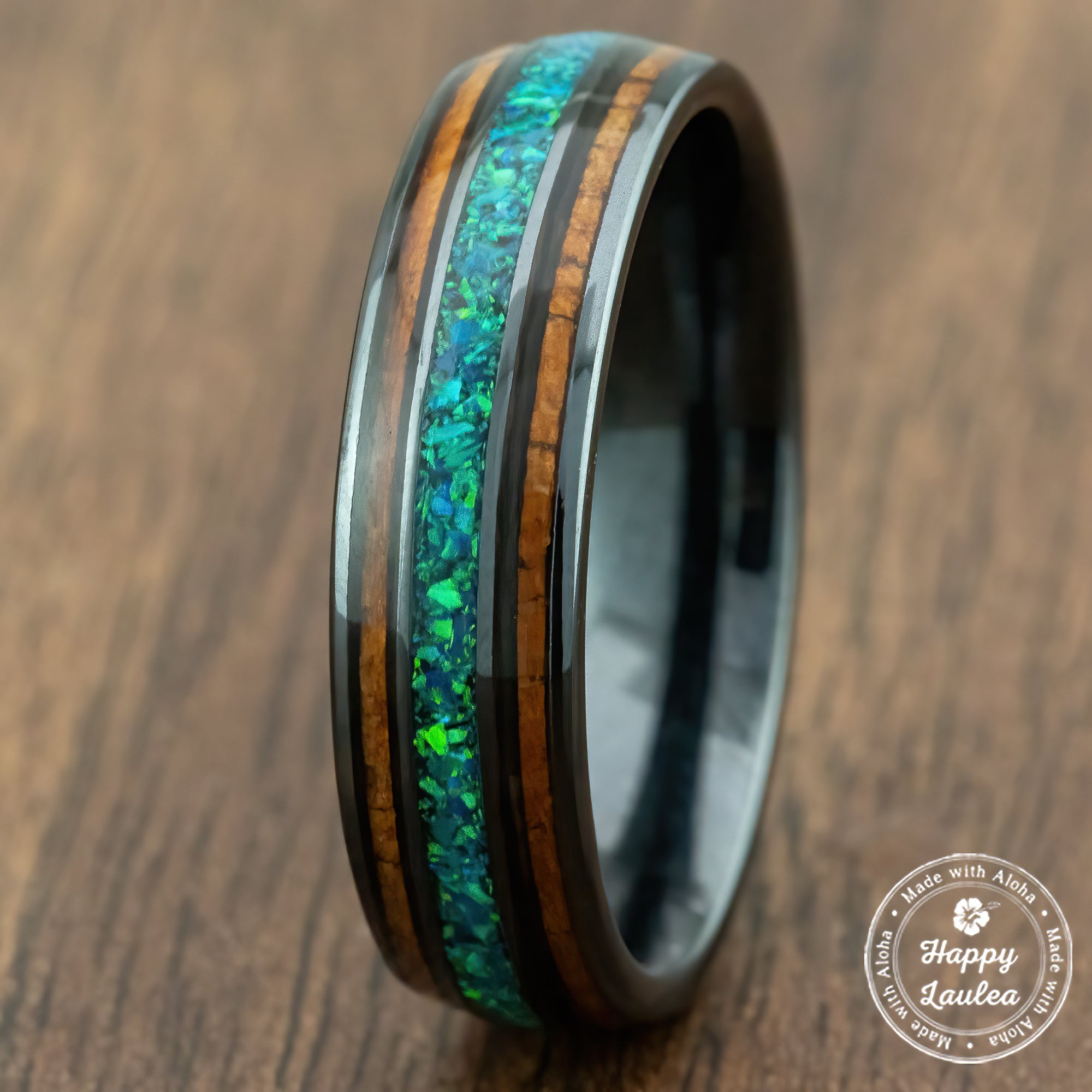 HI-TECH Black Ceramic Ring 'The Aina' [6mm width] Green Opal & Hawaiian Koa Wood