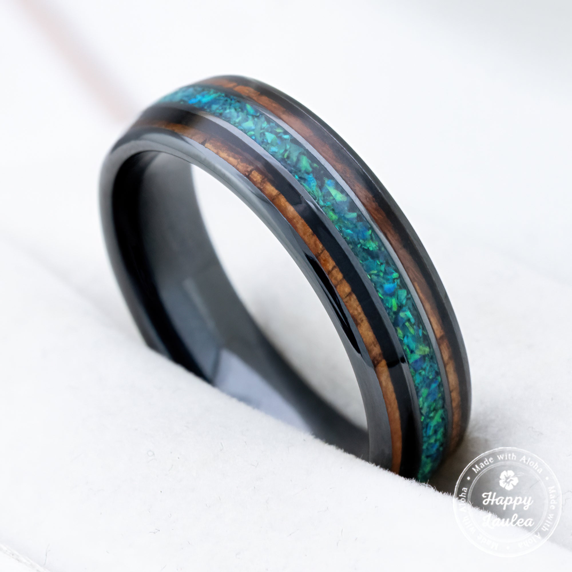 HI-TECH Black Ceramic Ring 'The Aina' [6mm width] Green Opal & Hawaiian Koa Wood