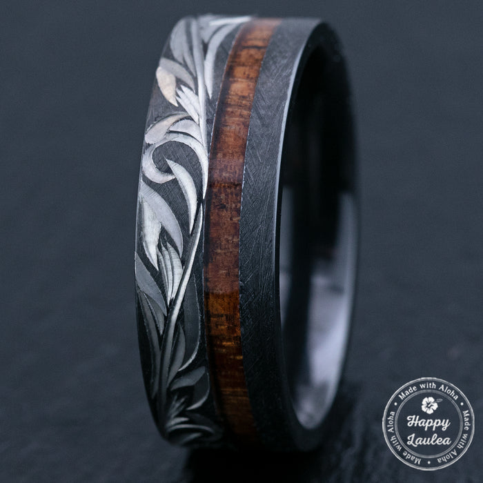 Black Zirconium Hand Engraved Ring [8mm width] Offset Koa Wood Inlay - Flat Shape, Comfort Fitment