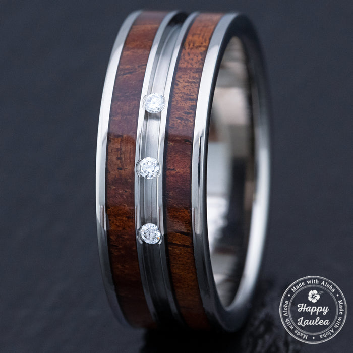 Titanium Tension Set Diamond Ring [8mm width] Hawaiian Koa Wood - Standard Fitment