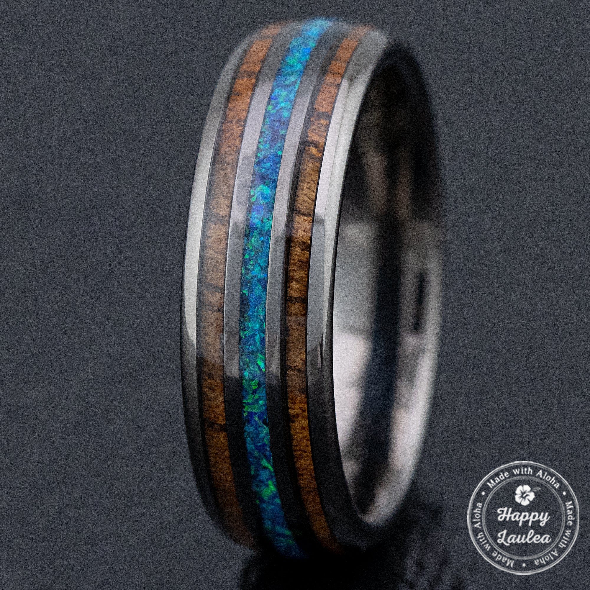 Gun Grey Tungsten Carbide Ring [6mm width] Blue Opal & Hawaiian Koa Wood Tri-Inlay - Barrel Shape, Comfort Fitment