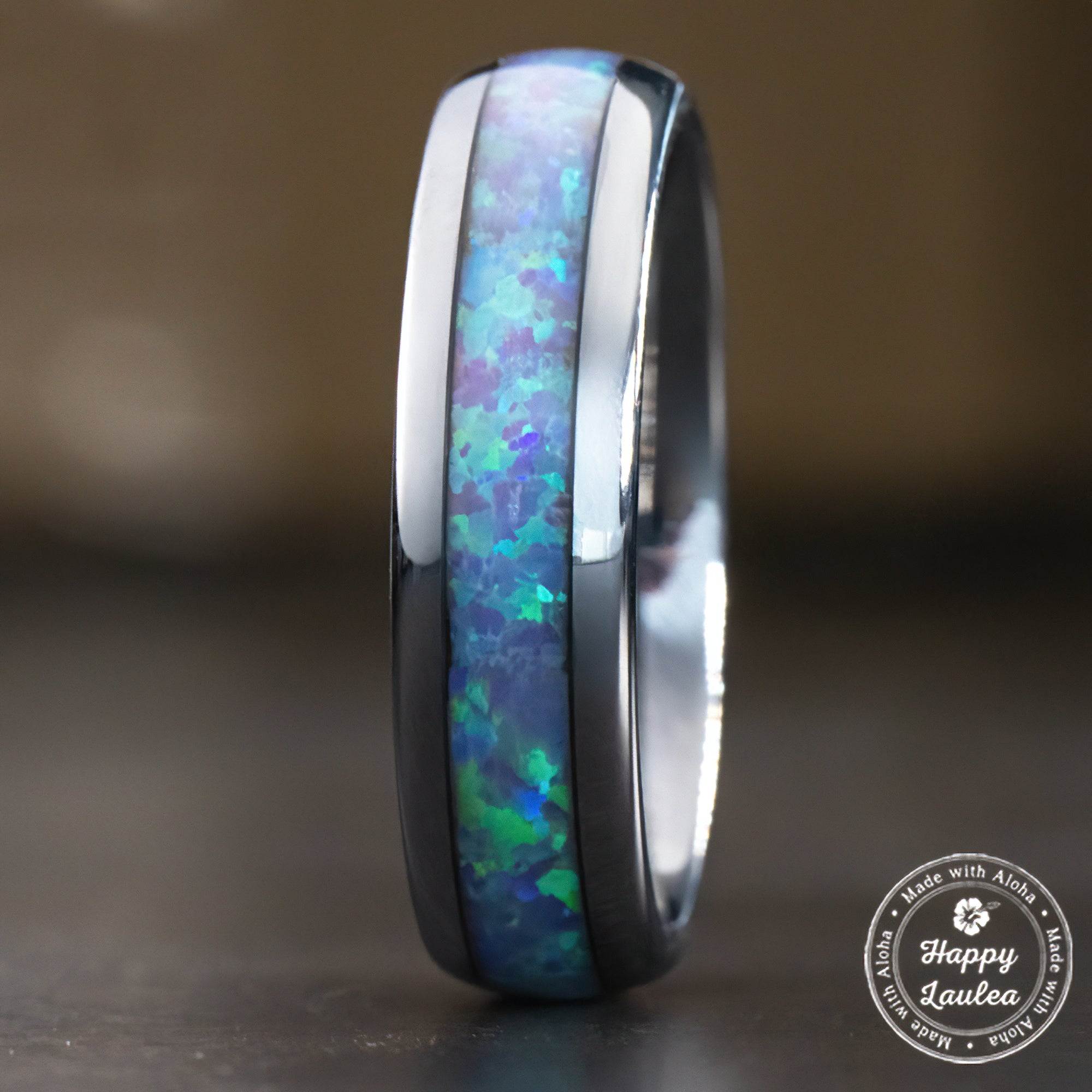 Tungsten Carbide Ring [6mm width] 'The Kai holoa' Milky Lavender Opal
