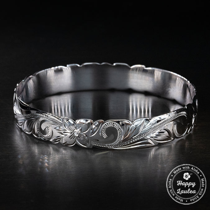 Sterling Silver Bangle with Cutout Wave Edges [10mm] Hand Engraved Hawaiian Heritage Design