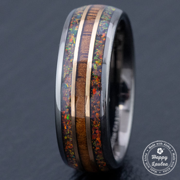 Gun Grey Tungsten Carbide Mid-Rose Gold Strip Ring [8mm width]  Duo Fire Opal & Hawaiian Koa Wood Inlay