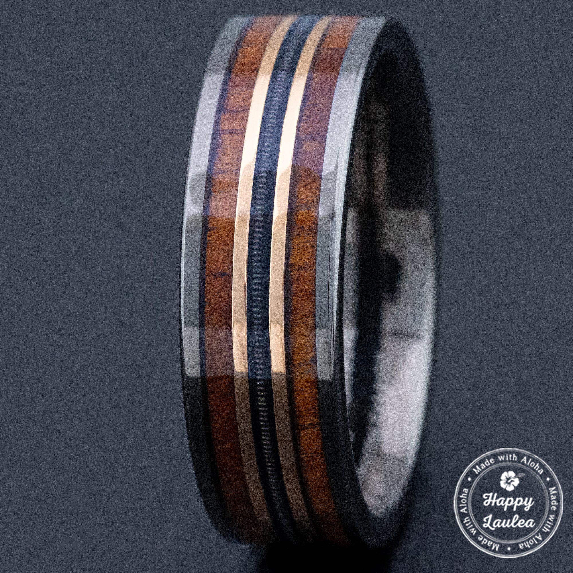 Gun Grey Tungsten Carbide Mid-Rose Gold Strip Ring [7mm width] Guitar String & Hawaiian Koa Wood Inlay - Flat Shape