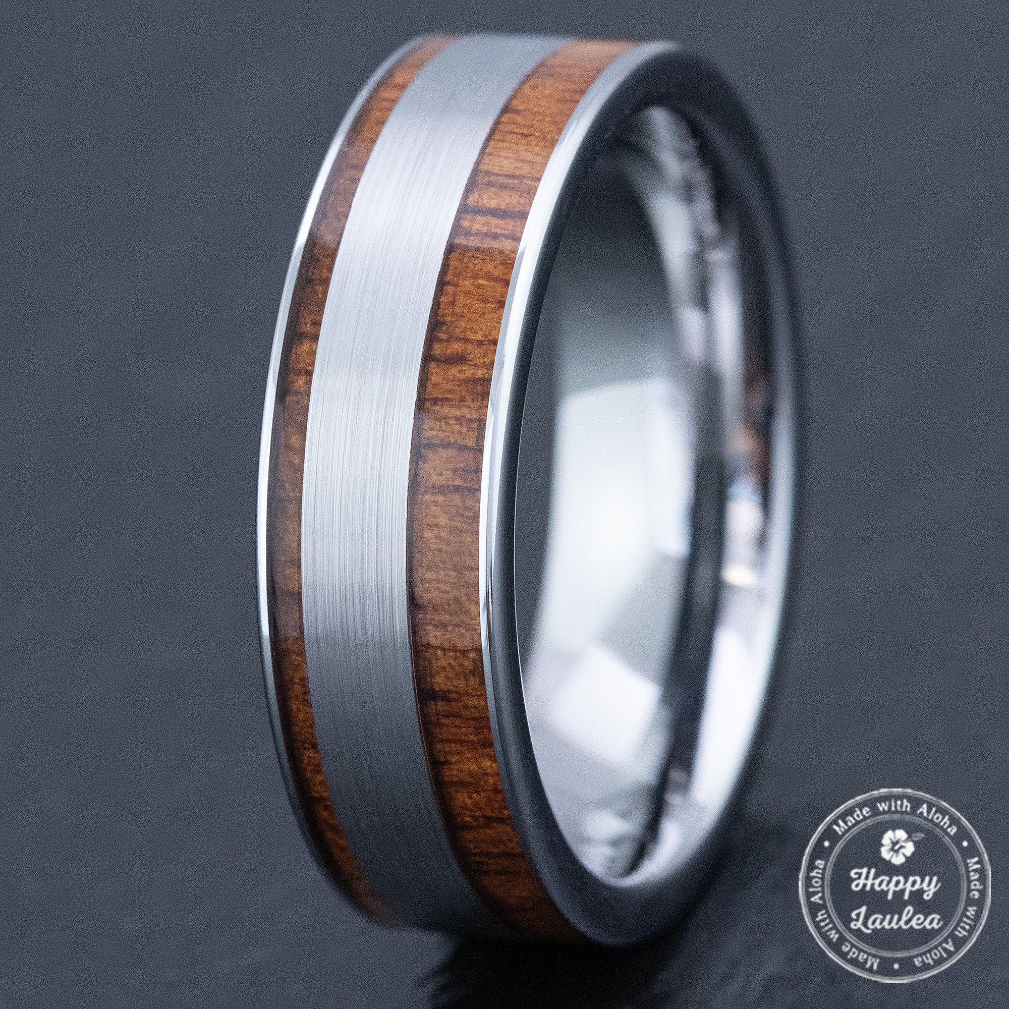 Tungsten Carbide Ring [7mm width] Offset Brush Finish & Hawaiian Koa Inlay - Flat Shape, Comfort Fitment