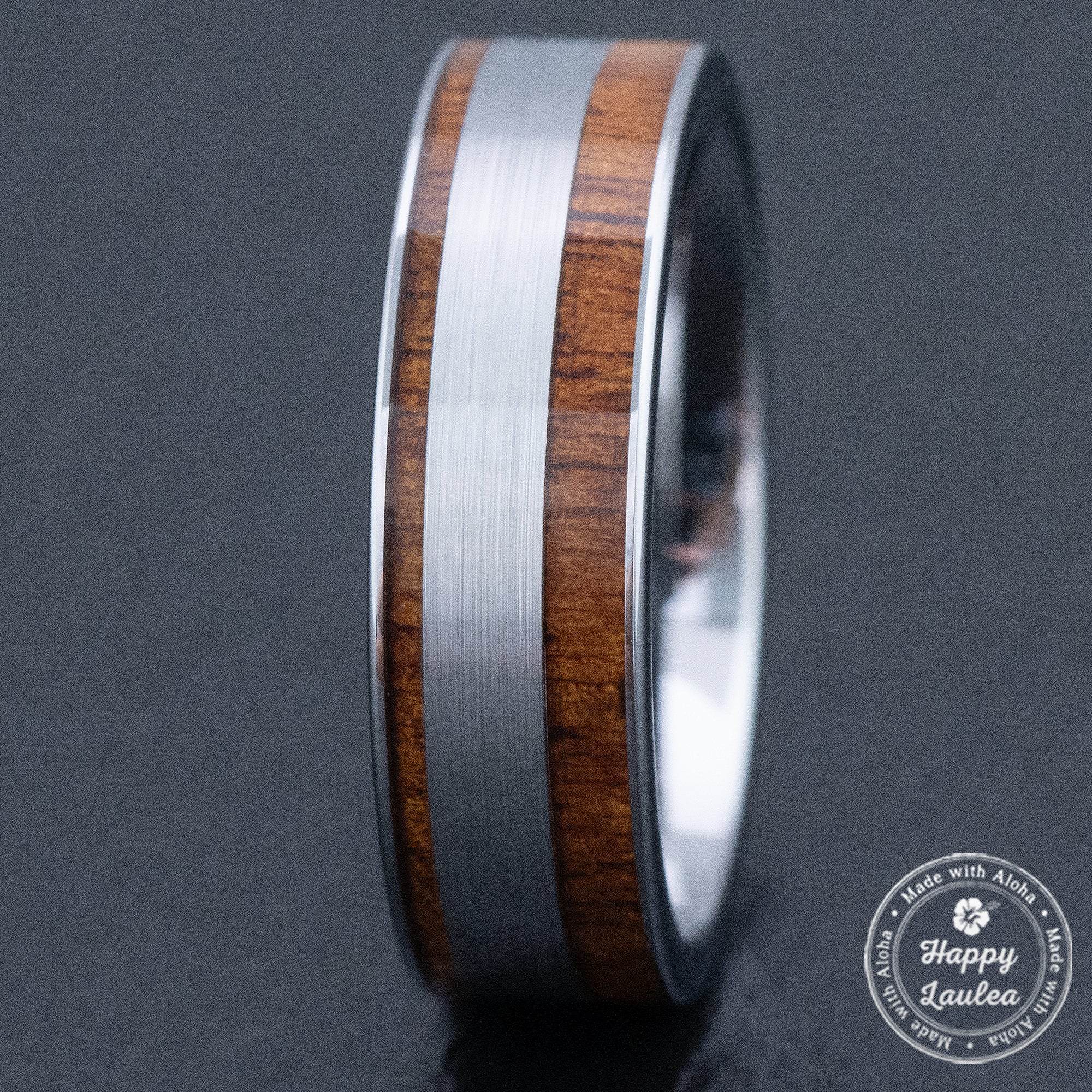Tungsten Carbide Ring [7mm width] Offset Brush Finish & Hawaiian Koa Inlay - Flat Shape, Comfort Fitment
