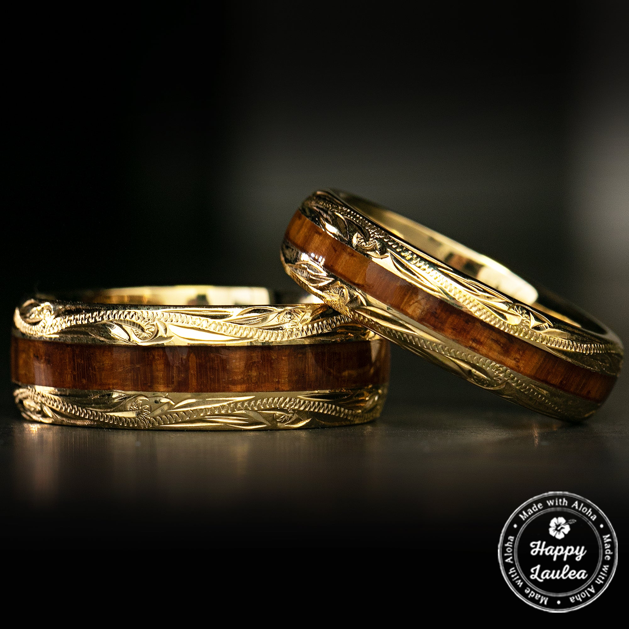 Pair of 14K Gold Hawaiian Hand Engraved Rings [6&8mm] Koa Wood inlay - Barrel Shape