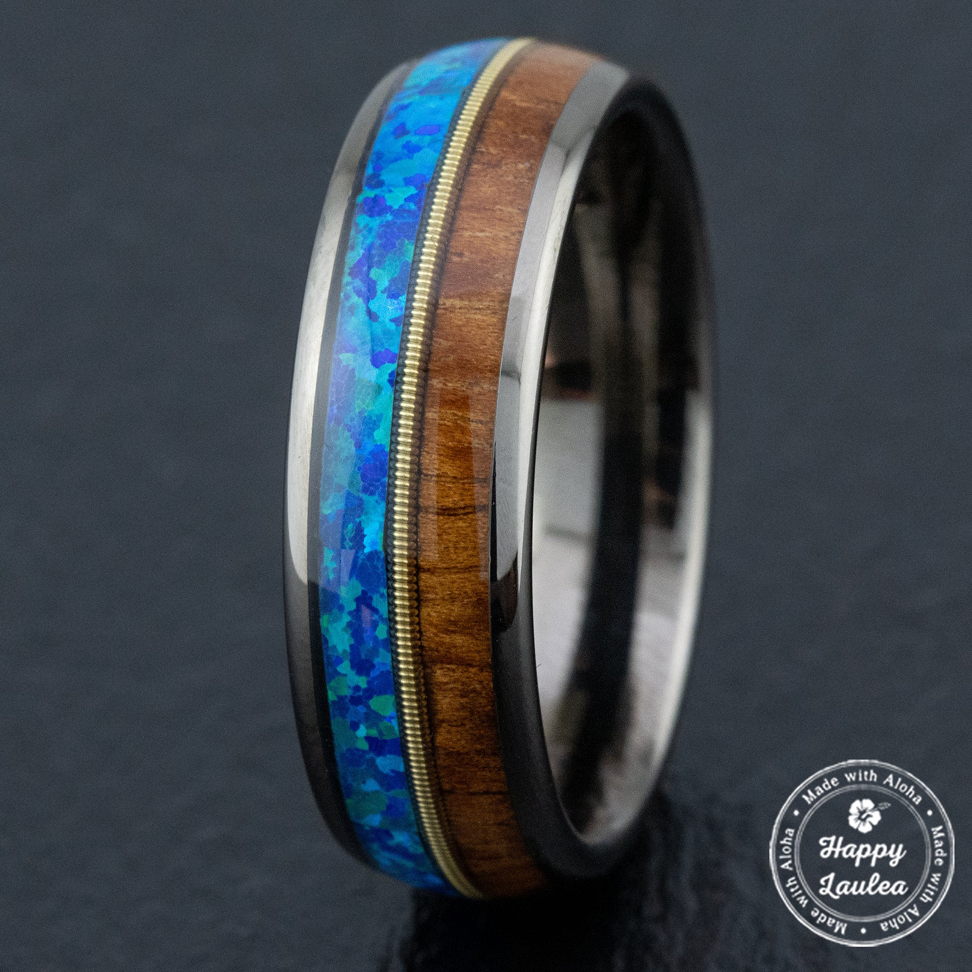 Gun Grey Tungsten Carbide Ring [8mm width] Mid-Guitar String, Blue Opal, & Hawaiian Koa Wood - Barrel Shape