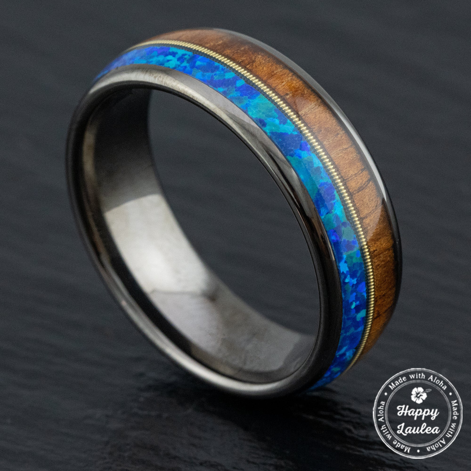 Gun Grey Tungsten Carbide Ring [8mm width] Mid-Guitar String, Blue Opal, & Hawaiian Koa Wood - Barrel Shape