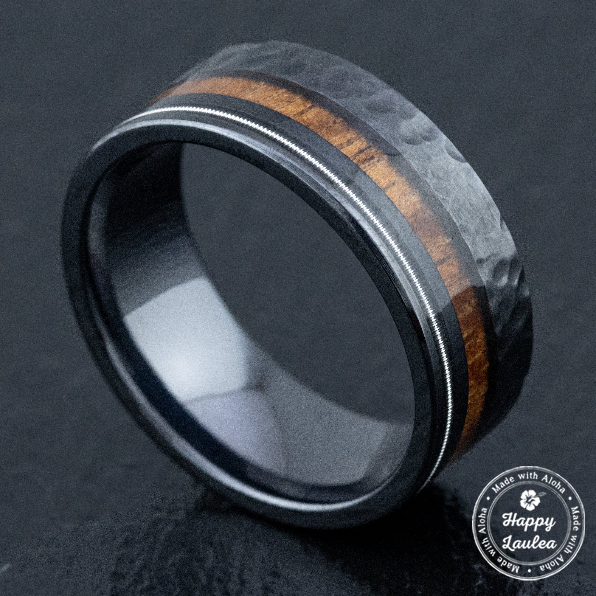 Black Titanium Hammered Finish Ring [9mm width] Offset Guitar String & Hawaiian Koa Wood - Flat Shape