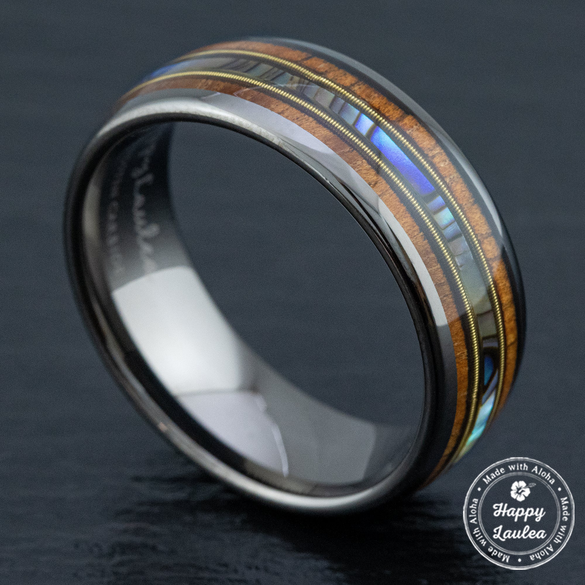 Mid-Guitar String Gun Grey Tungsten Carbide Ring [8mm width] Abalone Shell & Hawaiian Koa Wood Inlay - Barrel Shape