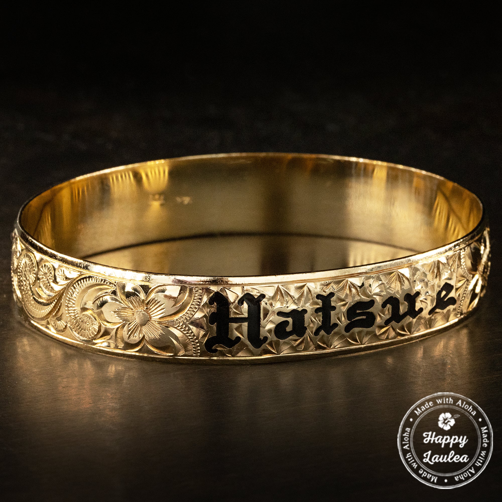 14K Gold Hawaiian Heirloom Jewelry Bracelet [12mm width] Black Enamel Custom Name Lettering