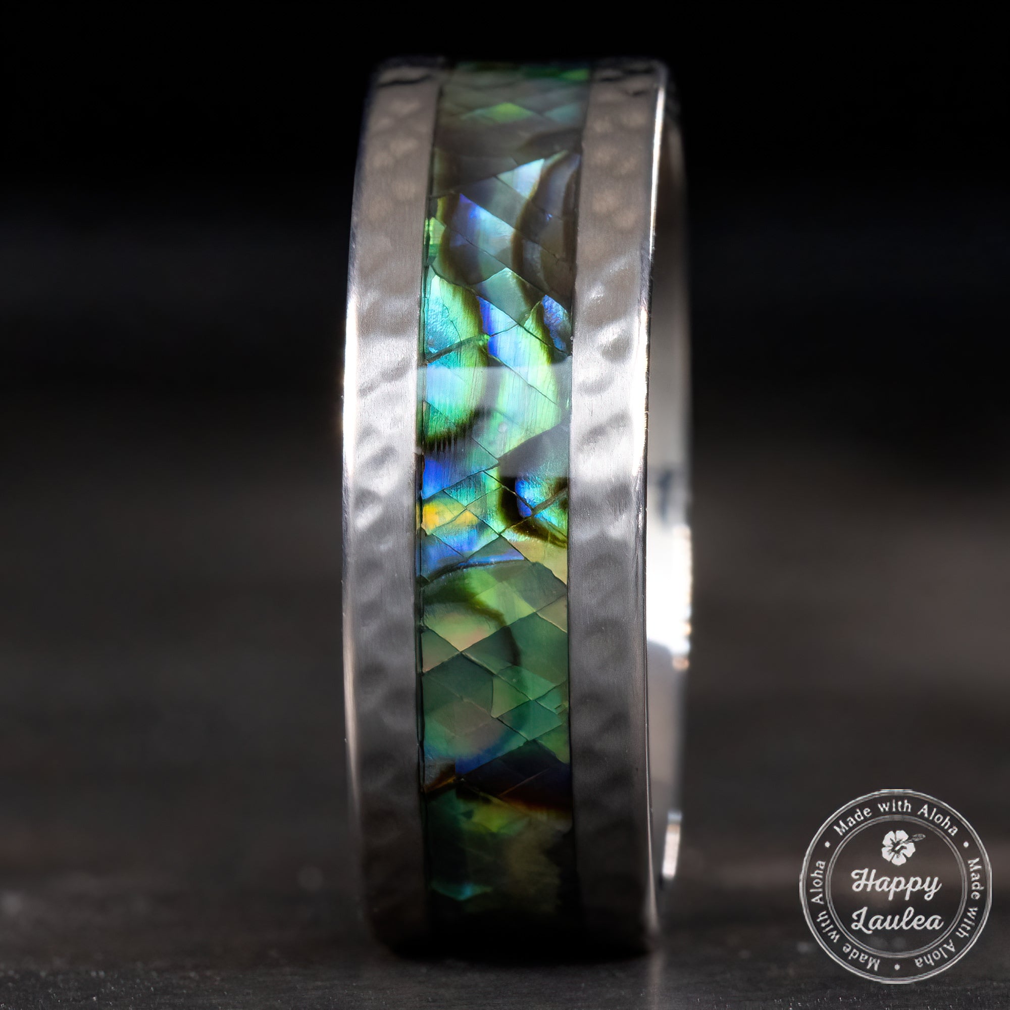 Titanium Hammered Ring [8mm width] Mosaic Abalone Pau'a Shell