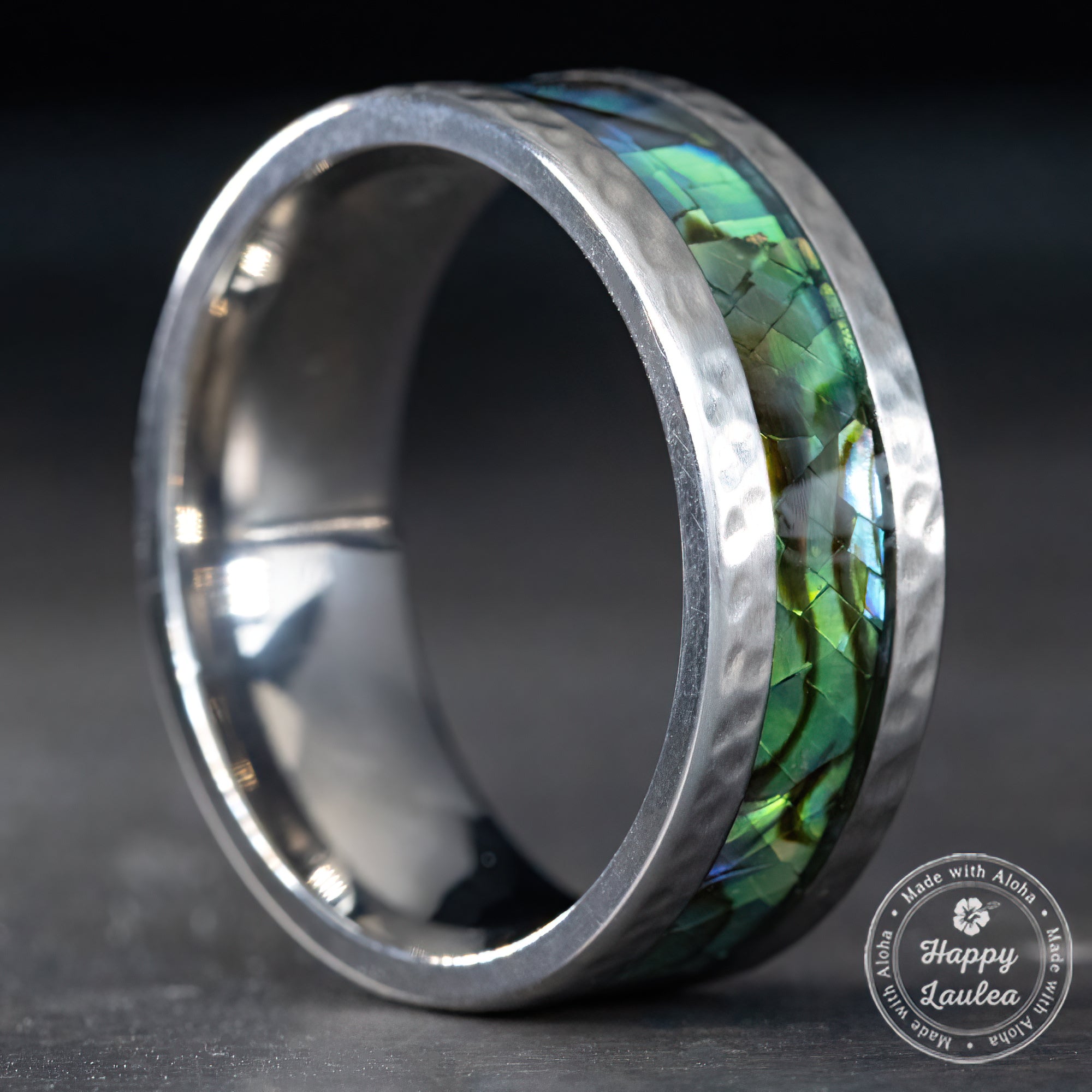 Titanium Hammered Ring [8mm width] Mosaic Abalone Pau'a Shell