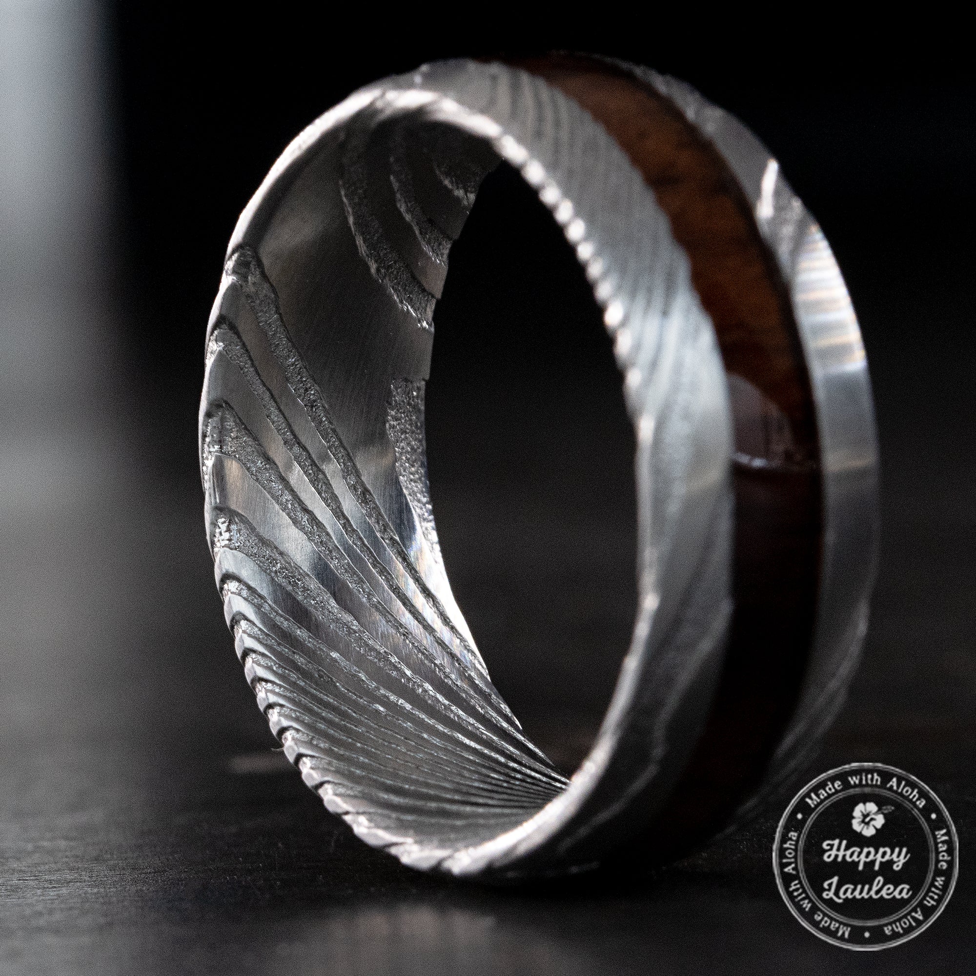 Damascus Steel Ring with Koa Wood Inlay - 8mm, Dome Shape, Comfort Fitment