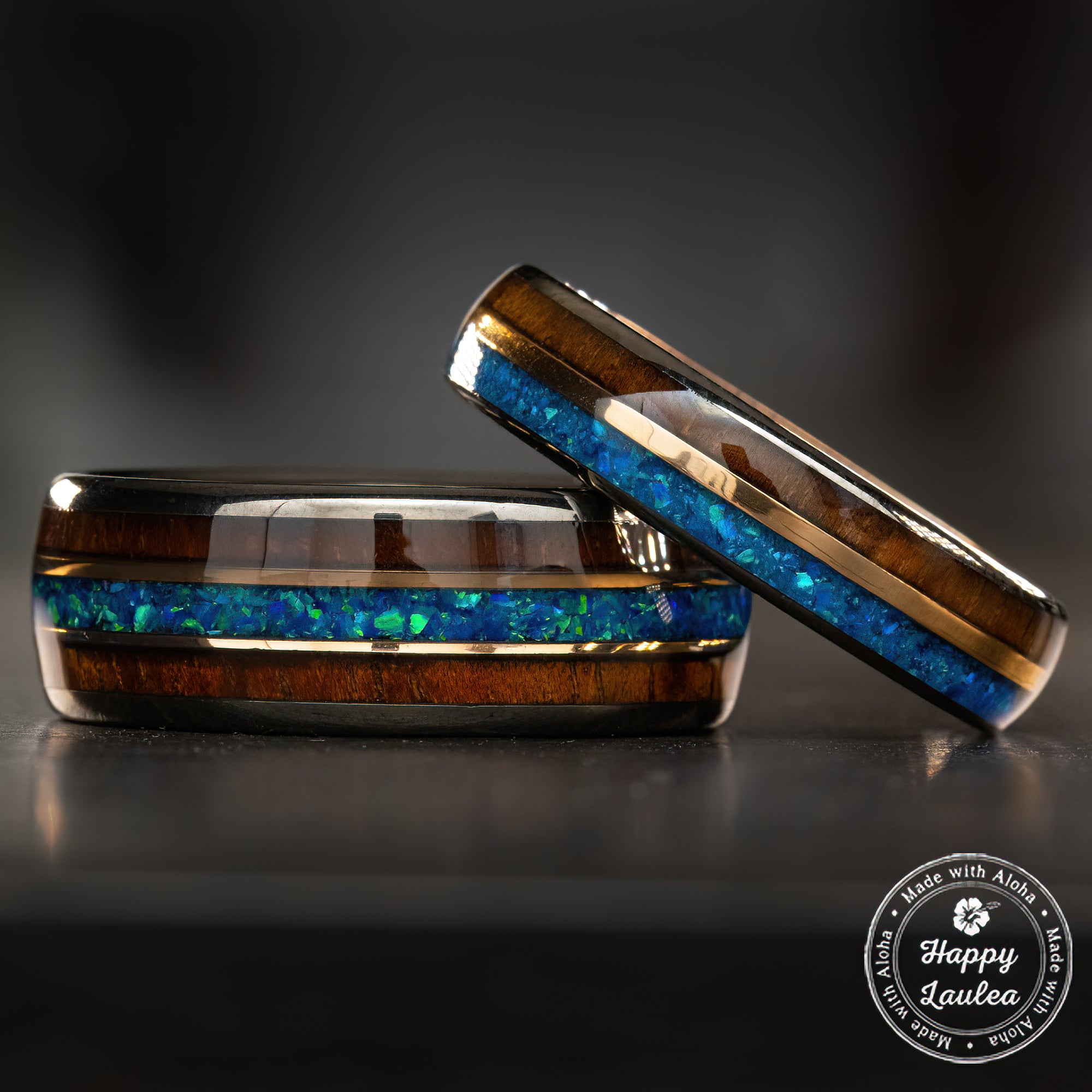 Pair of Gungrey Tungsten Carbide Mid-Rose Gold Strip Rings [5 & 8mm width] Azure Blue Opal & Hawaiian Koa Wood