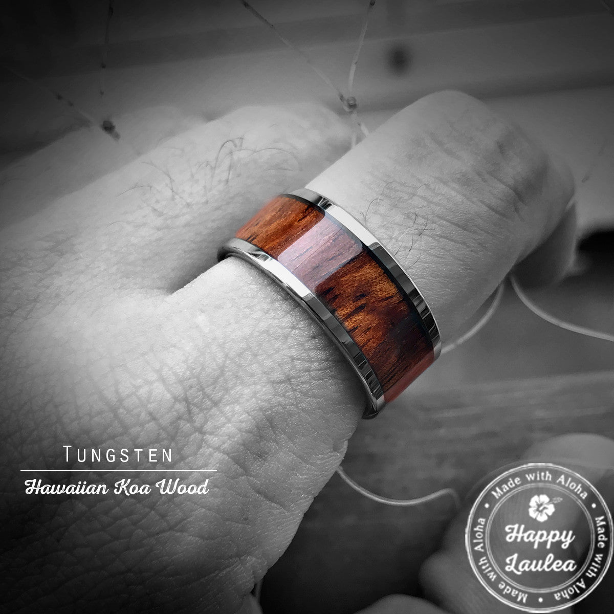 Tungsten Carbide Ring with Koa Wood Inlay, 10mm, Flat Shape, Comfort Fitment