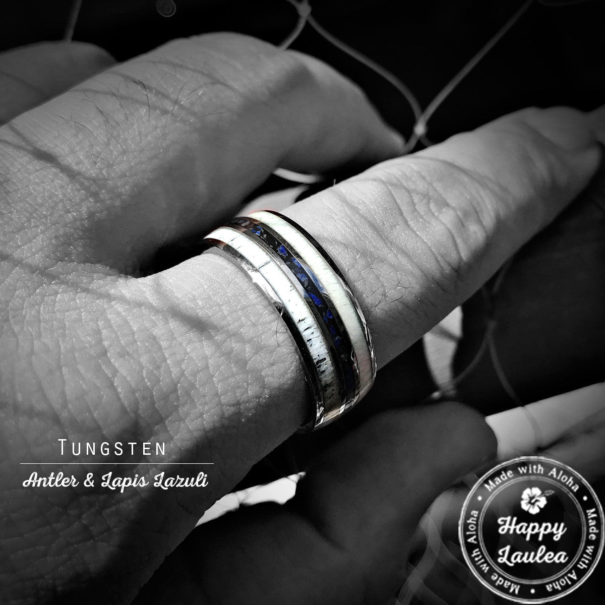 Tungsten Carbide Ring with Crushed Lapis Lazuli & Antler Tri-Inlay - 8mm, Dome Shape, Comfort Fitment