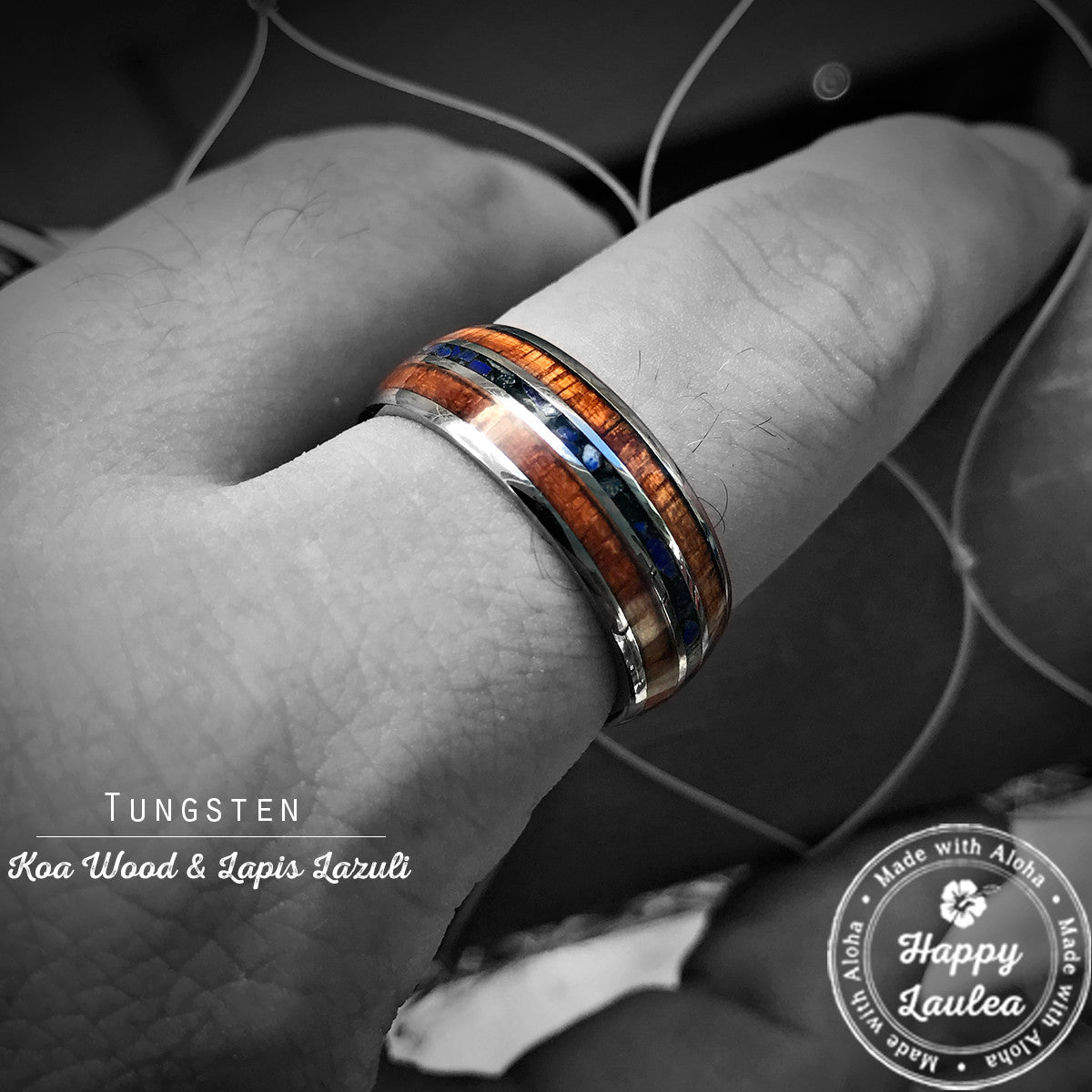 Tungsten Carbide Ring with Koa Wood & Lapis Lazuli Tri Inlay - 8mm, Dome Shape, Comfort Fitment