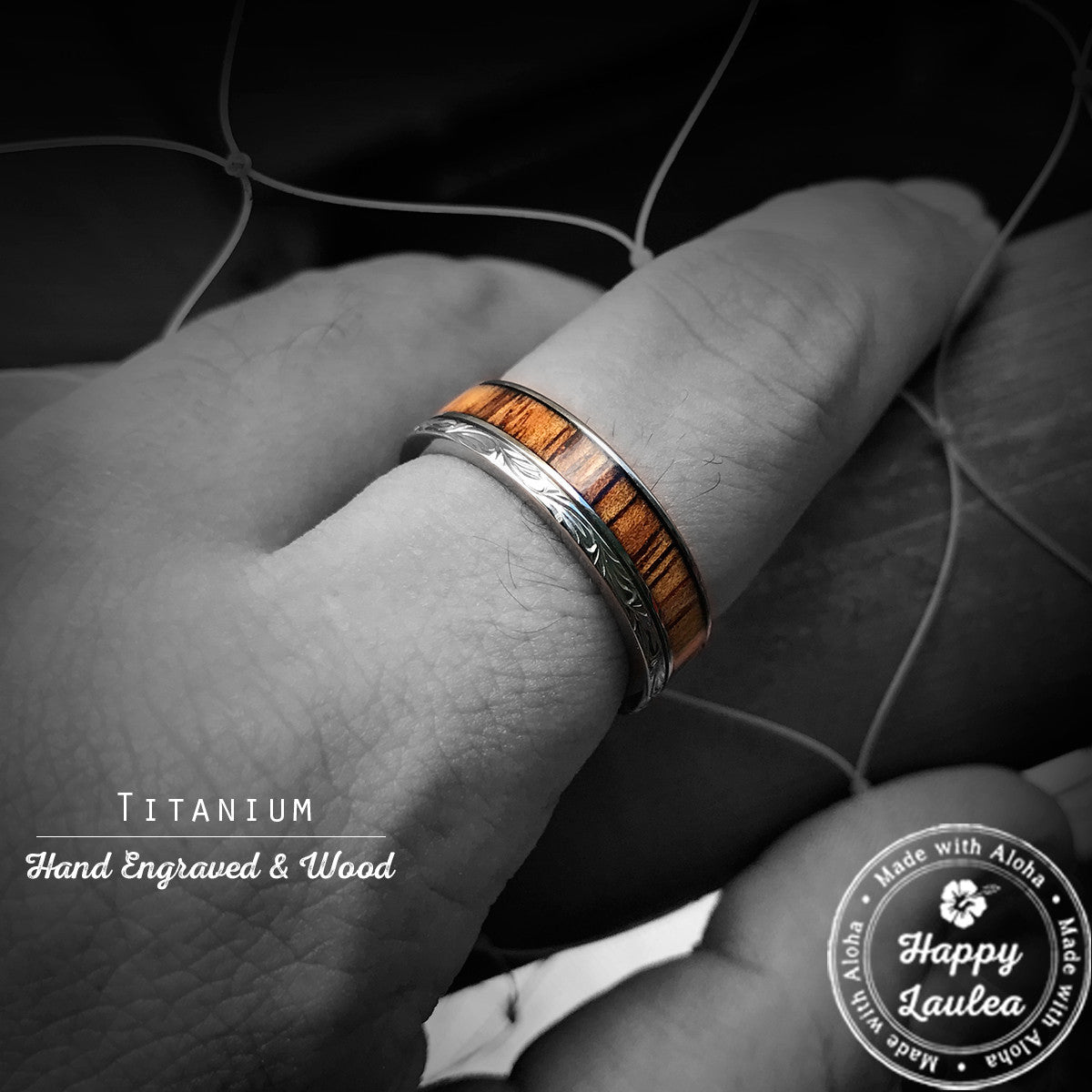 Titanium Hand Engraved Ring with Hawaiian Koa Wood Inlay - 6mm, Flat Shaped, Standard Fitment