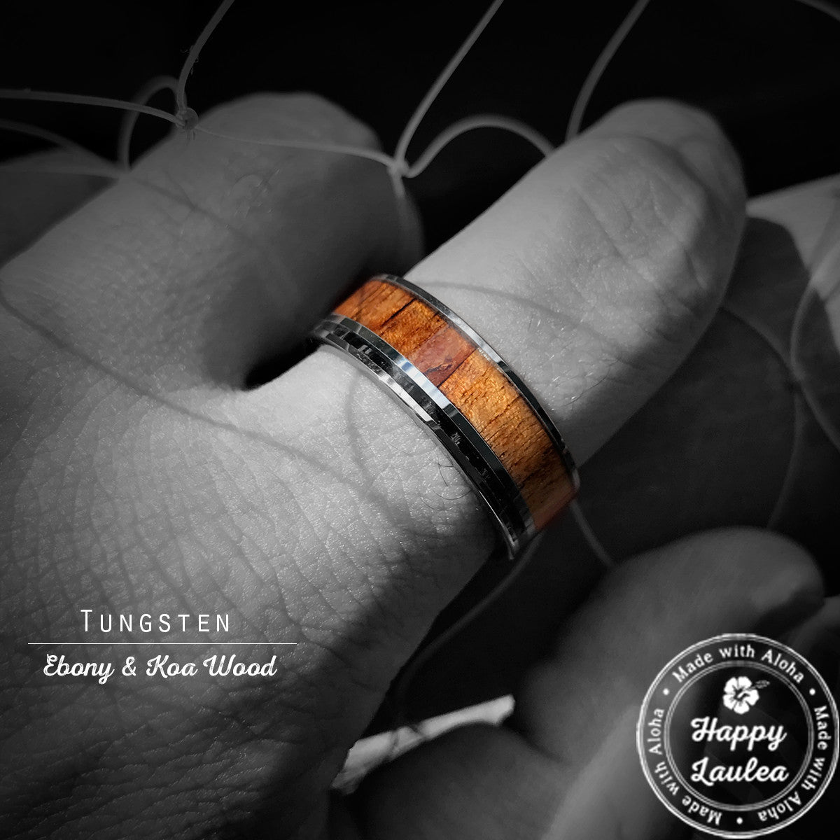 Tungsten Carbide Ring with Koa Wood & Thin Ebony Offset - 8mm, Flat Shape, Comfort Fitment