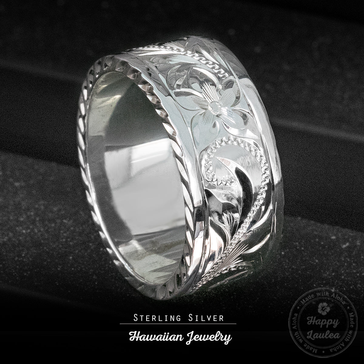 Sterling Silver Hawaiian Jewelry Ring with Old English Design & Diamond Cut Side Edge, 8mm-10mm, Flat Shape, Standard Fitment