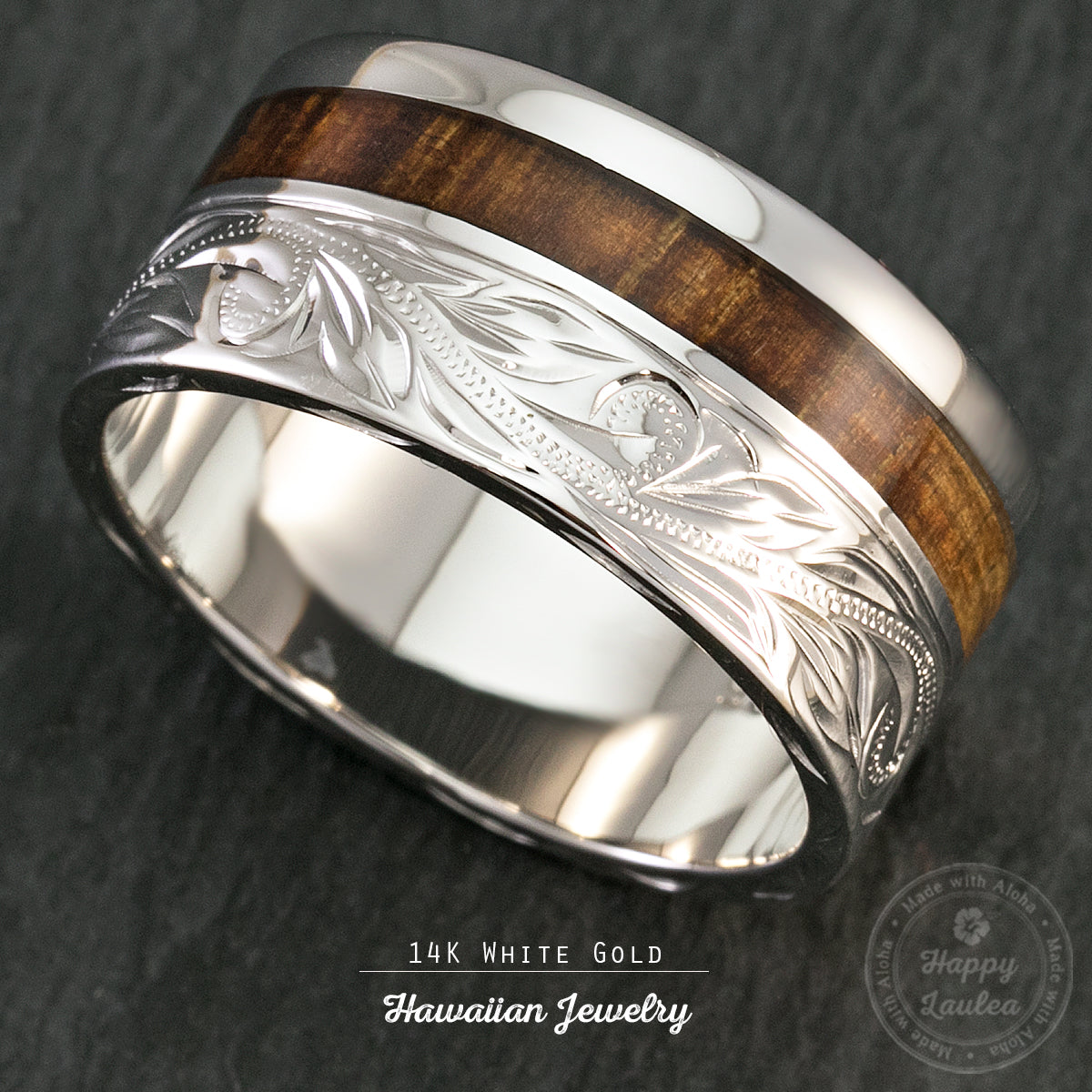 14K White Gold 10mm Width Hawaiian Jewelry Ring with Koa Wood Inlay - 2mm thickness, Flat Shape, Standard Fitment