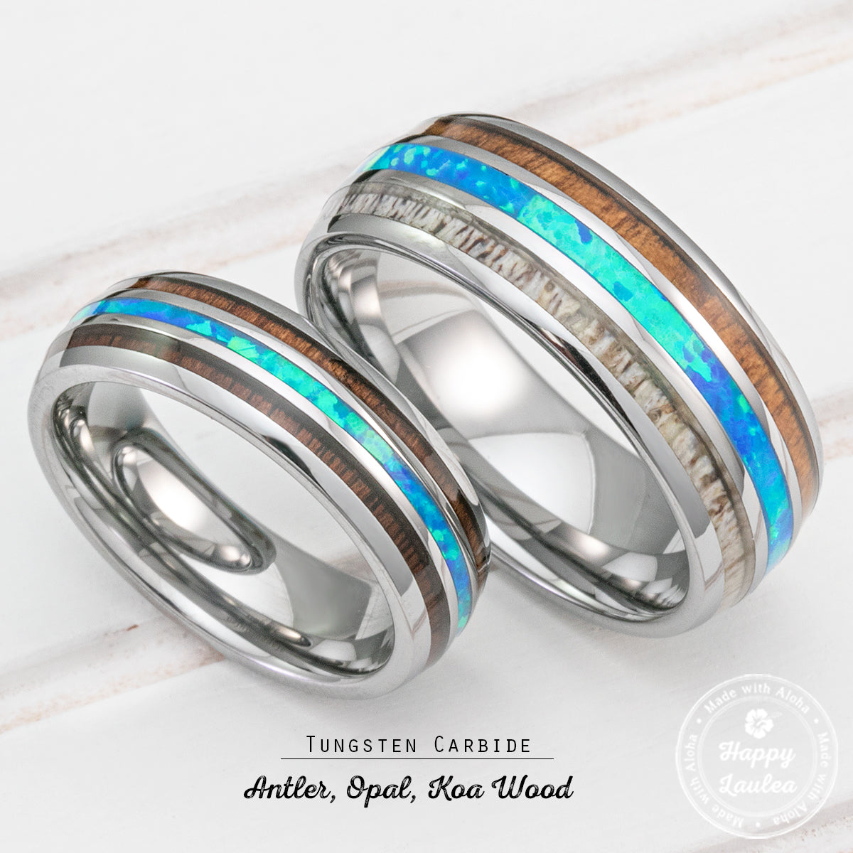 Pair of Assorted Tungsten Carbide Rings with Antler, Opal & Koa Wood Tri Inlay - 6&8mm, Dome Shape, Comfort Fitment