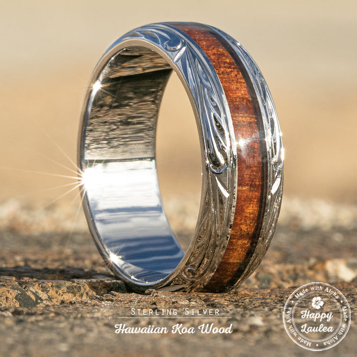 Sterling Silver Ring Hand Engraved Hawaiian Jewelry Ring [8mm width] Koa Wood Inlay