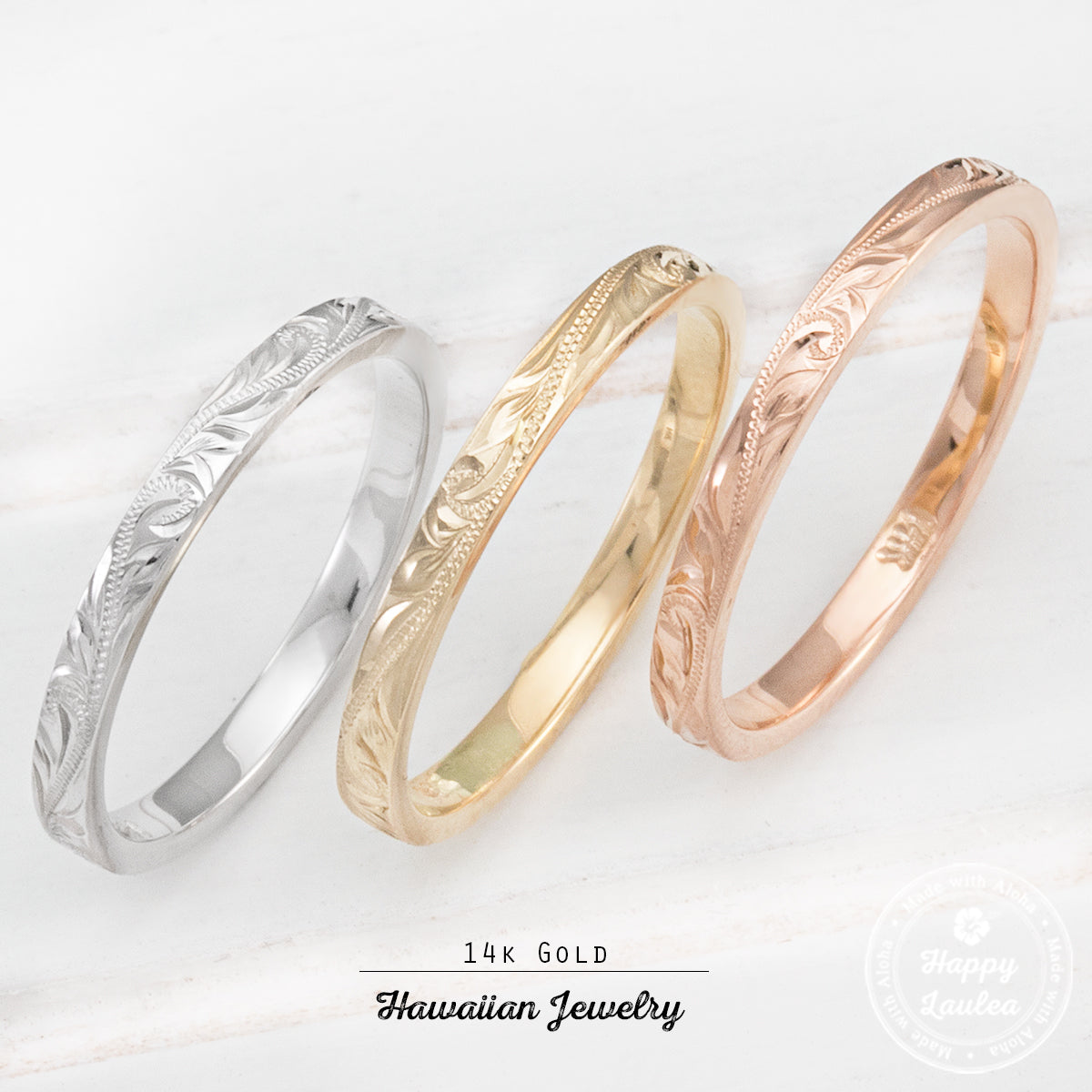 Solid Gold Hand Engraved Ring [2mm] Hawaiian Old English Design -  Flat Shape