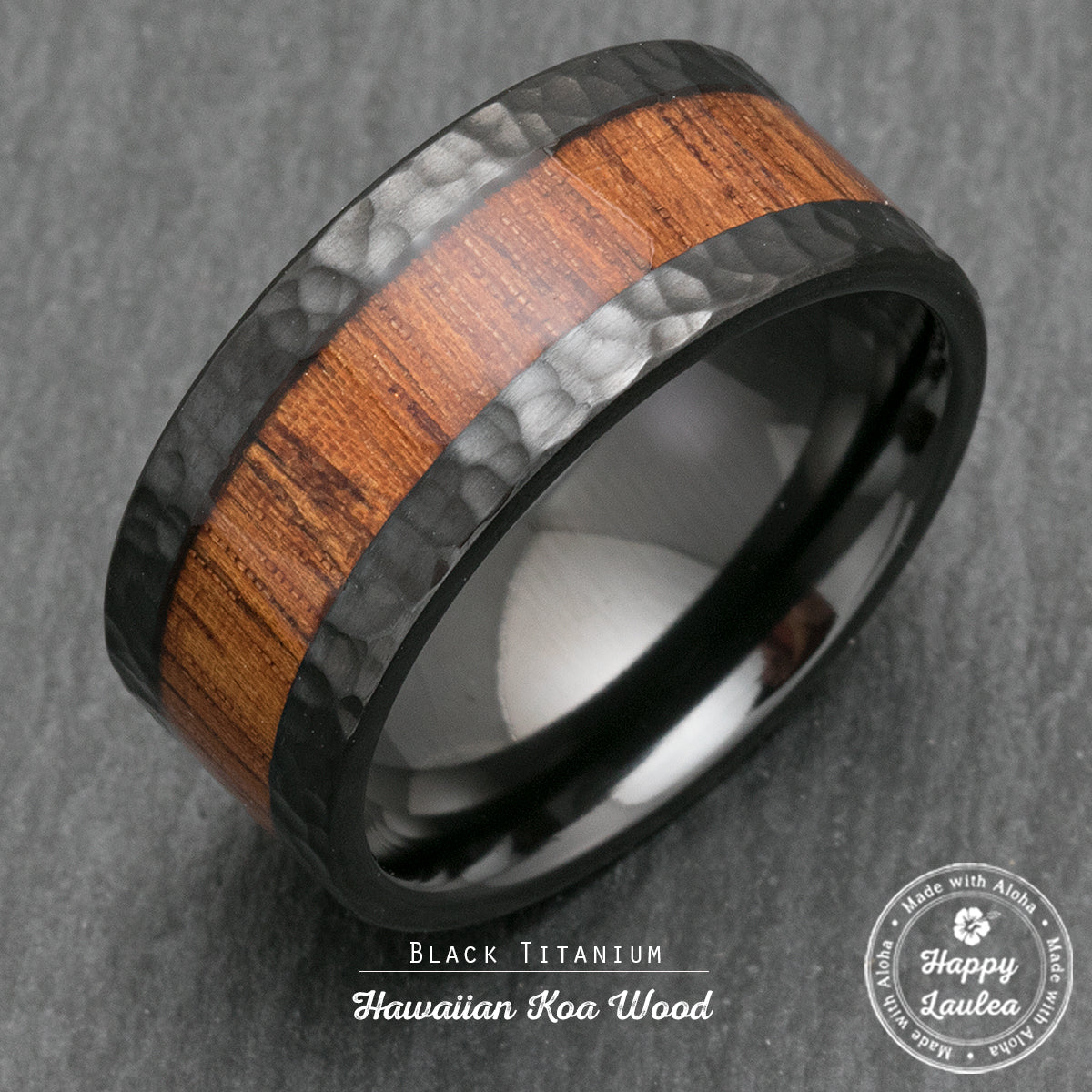 Black Zirconium Hammered Ring [10mm Width] Hawaiian Koa Wood Inlay - Flat Shape, Comfort Fitment