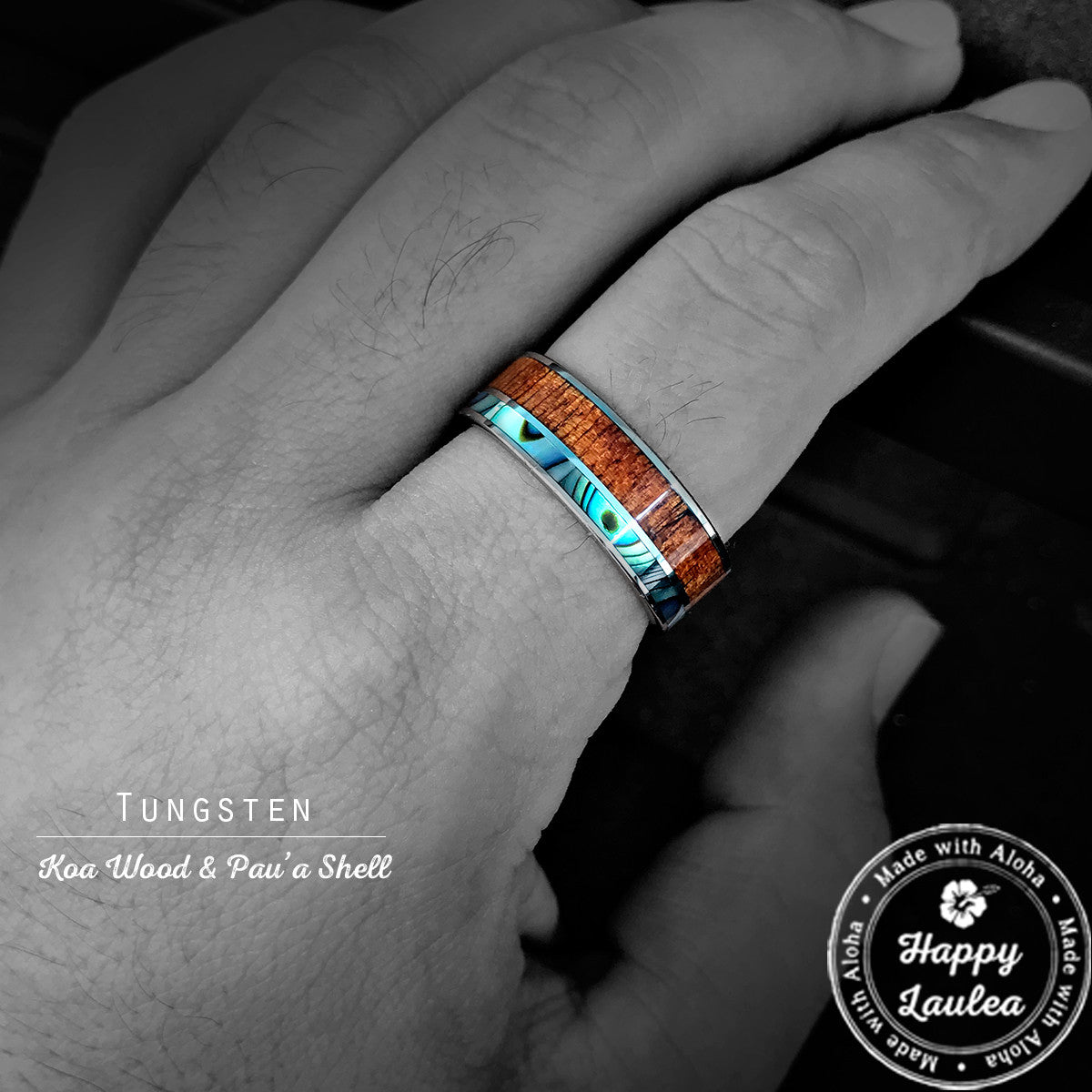 Tungsten Carbide Ring Ring with Abalone Shell and Koa Wood Offset Inlay