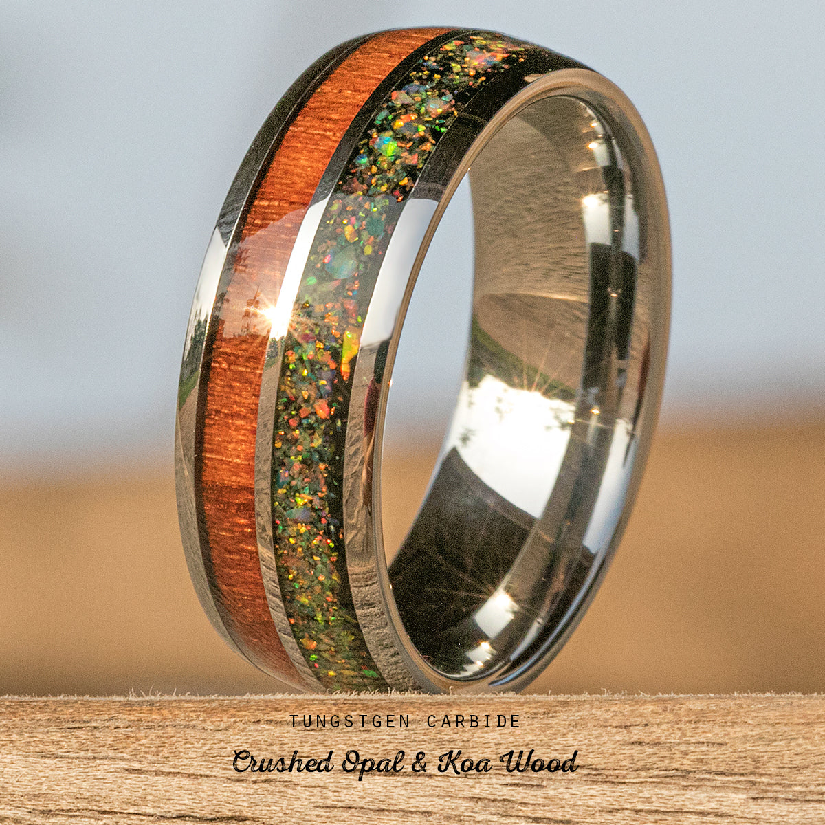 Tungsten Carbide Ring / Fire Opal & Hawaiian Koa Wood Inlay /  8mm /  Dome Shape / Comfort Fitment