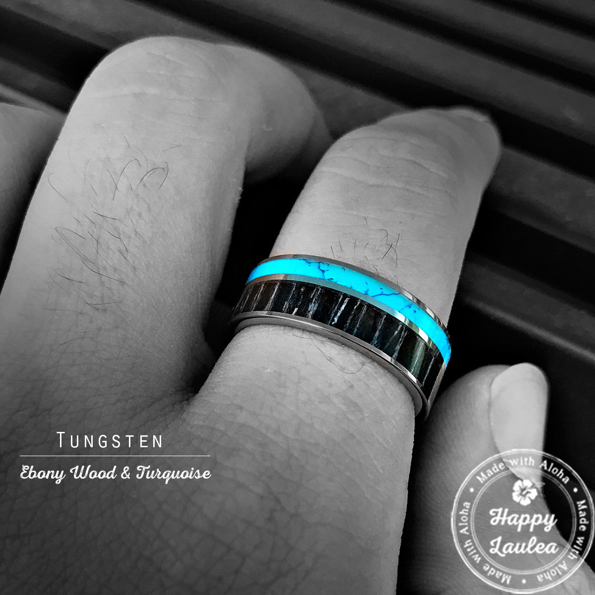 Tungsten Carbide Ring with Ebony Gabon & Aqua Turquoise Inlay - 8mm, Flat Shape, Comfort Fitment (DISCONTINUED)