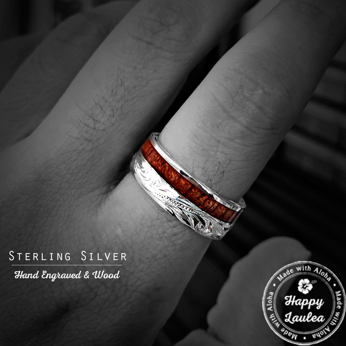 Sterling Silver Hand Engraved Ring with Offset Hawaiian Koa Wood Inlay