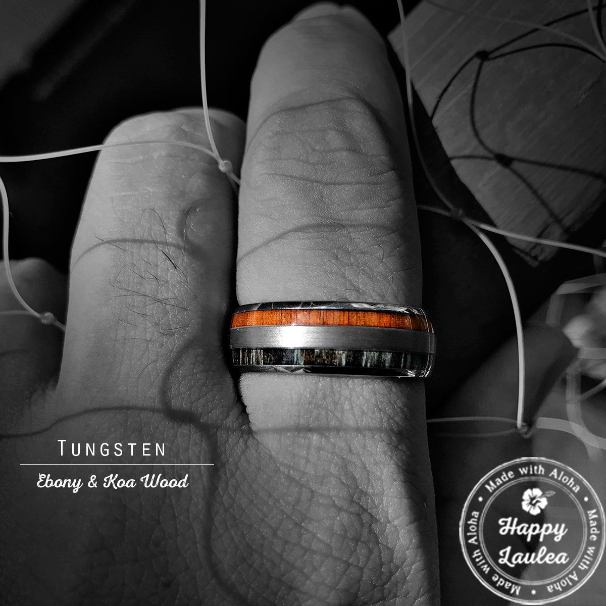 Tungsten Carbide Brush Finish Ring with Koa & Ebony Gabon Wood Double Inlay, 8mm, Dome Shape, Comfort Fitment