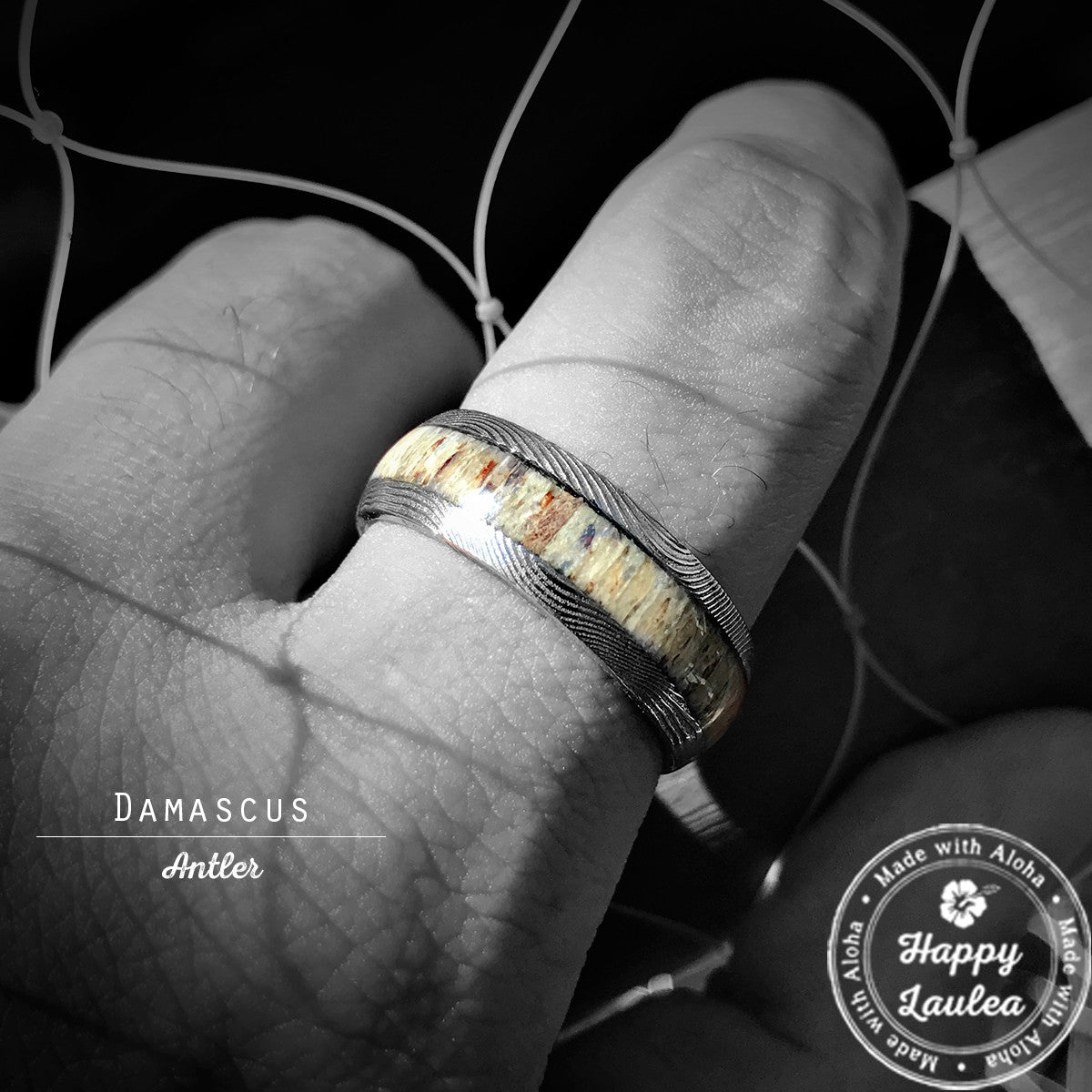 Rainier - Elk Antler & Camo Wedding Band Damascus Steel