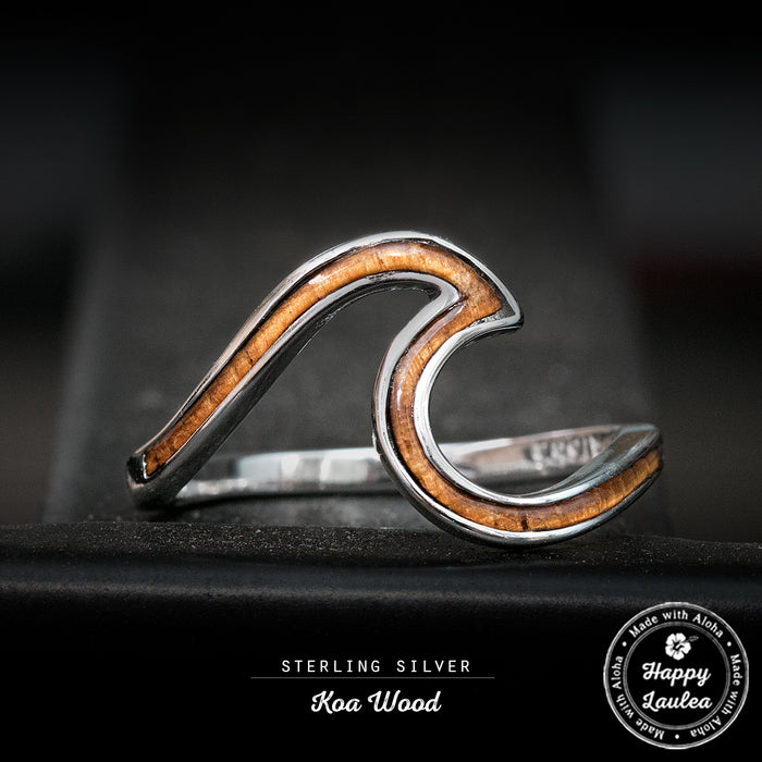 Petite Sterling Silver Wave Ring with Hawaiian Koa Wood Inlay