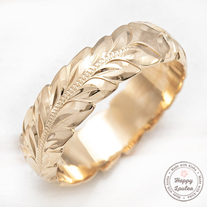 Solid Gold Hand Engraved Ring [6mm] Hawaiian Maile Leaf Design - Barrel Shape